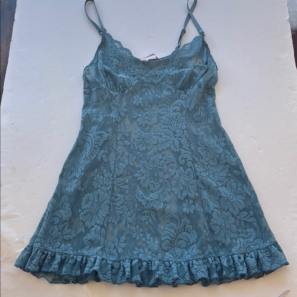 Y2K Victoria’s Secret Lace Mini Dress Naked Blue Bridal Slip L Chamise Teddy Hot - Picture 3 of 17